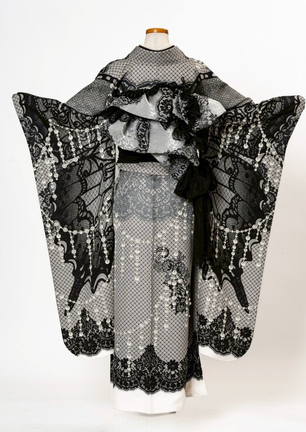 2027年1月成人式【振袖】蝶 ブラックレース×【袋帯】ブラックレース