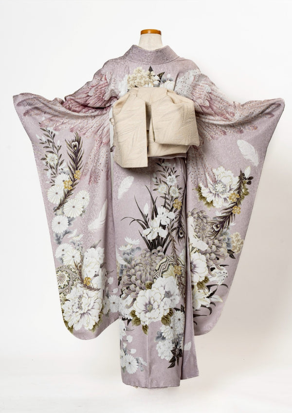 2027年1月成人式【振袖】羽花 くすみピンク ×【袋帯】抽象的な羽 ベージュ