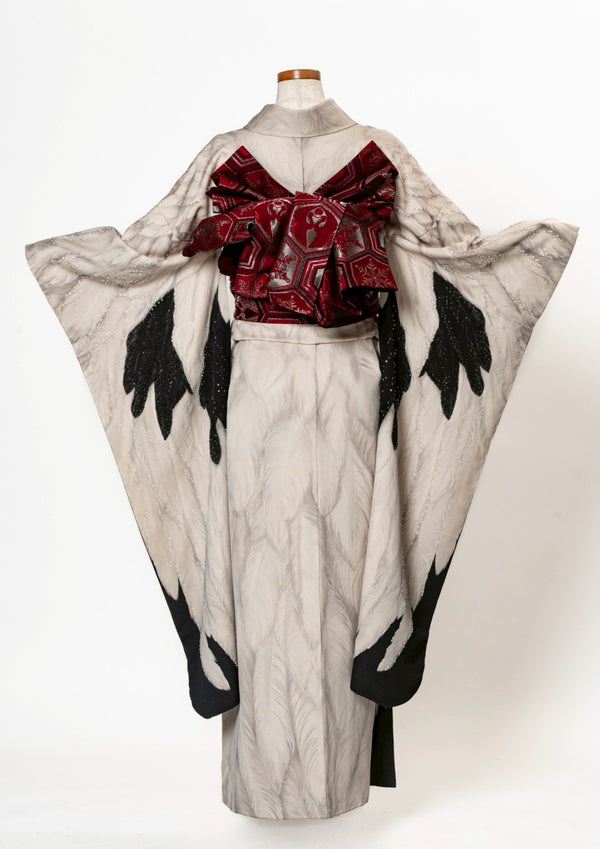 2027年1月成人式【振袖】鶴娘 墨 × 【袋帯】亀甲向鶴紋雪花尽 紅