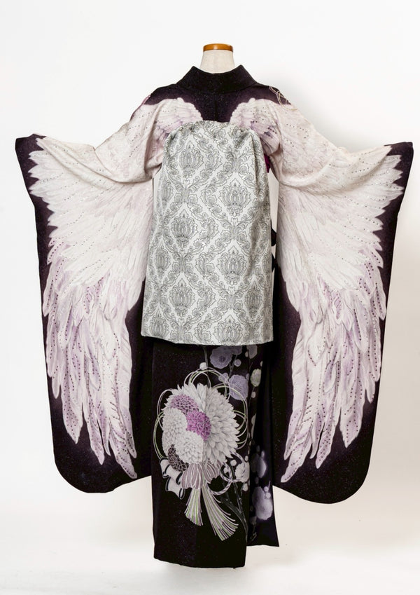 2027年1月成人式【振袖】 翼 京紫 ×【袋帯】装飾的な羽 白銀